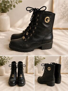 Black Lace-Up Combat Boots with Gold Accent